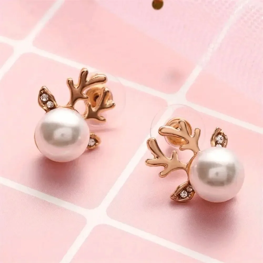 Reindeer Pearl Diamond Gold Plated Stud Earrings